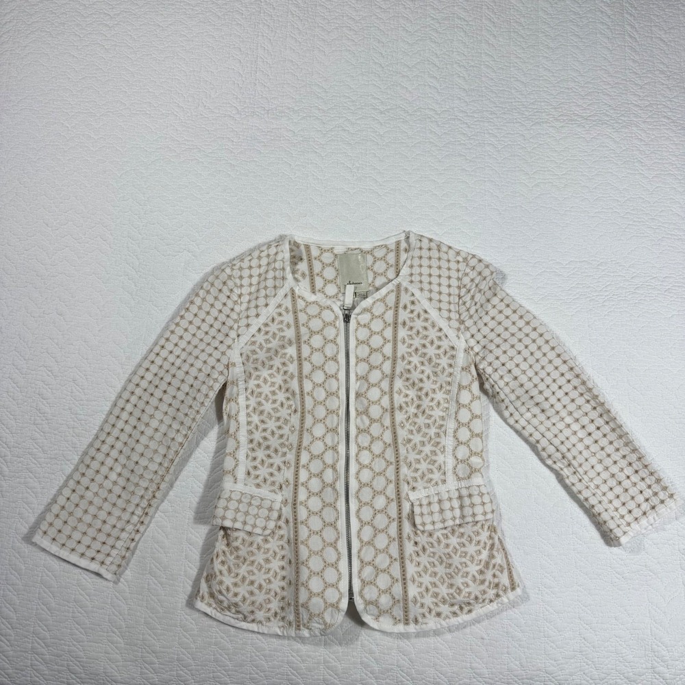 Anthropologie Elevenses Jacket Womens 2 White Boho Eyelet Zip‎ Embroidered EUC